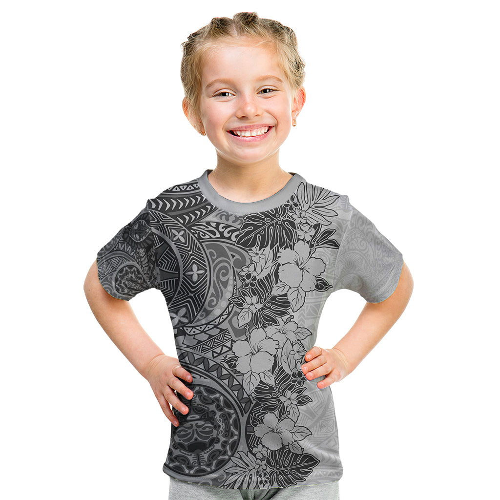 Polynesia Kid T Shirt Hibiscus and Hawaiian Tribal Tattoo Retro Style Gray Color - Wonder Print Shop