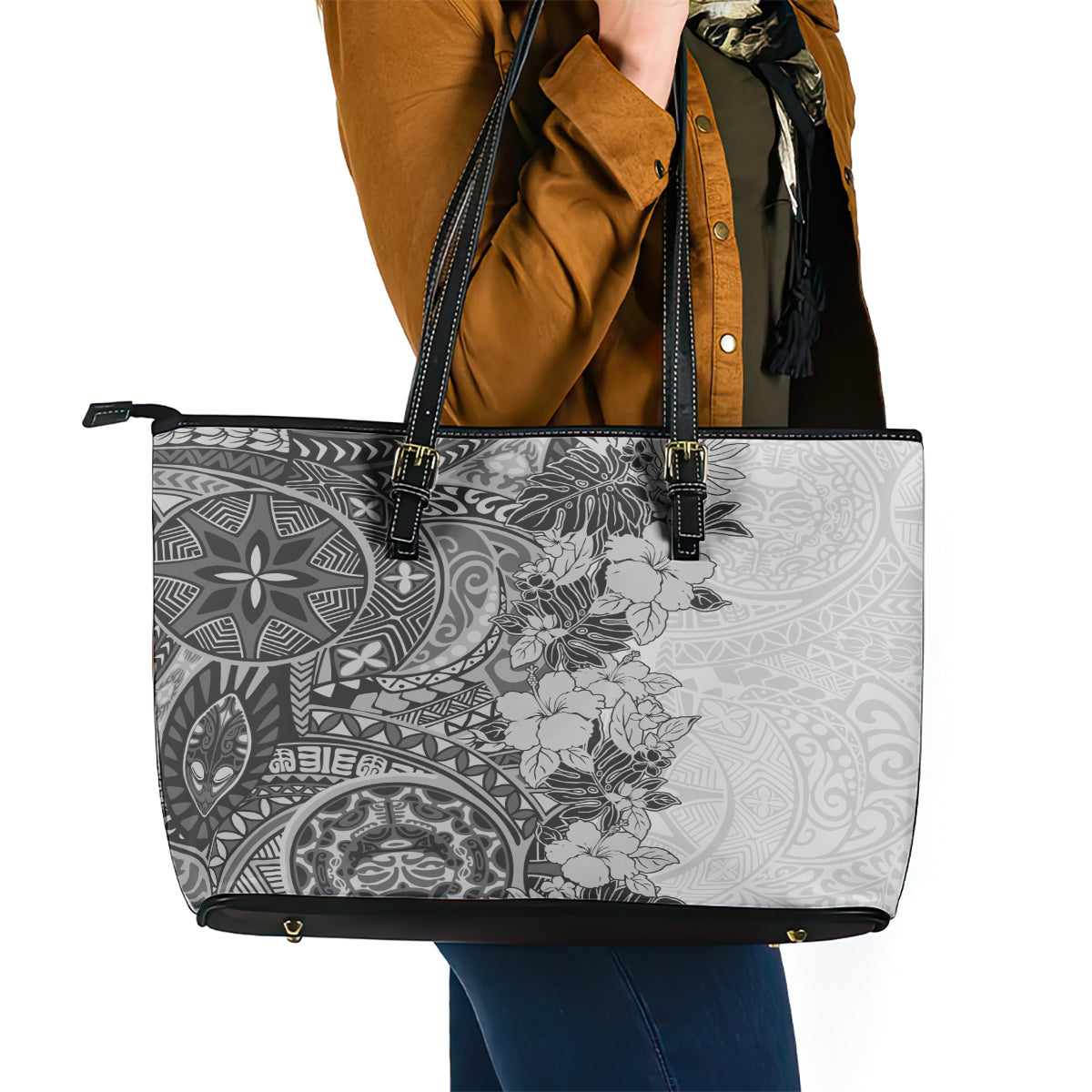 Polynesia Leather Tote Bag Hibiscus and Hawaiian Tribal Tattoo Retro Style Gray Color - Wonder Print Shop