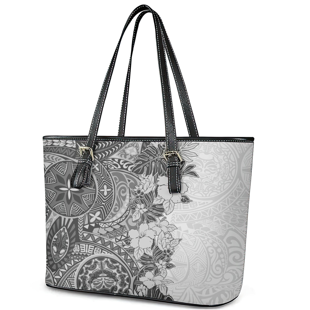 Polynesia Leather Tote Bag Hibiscus and Hawaiian Tribal Tattoo Retro Style Gray Color - Wonder Print Shop