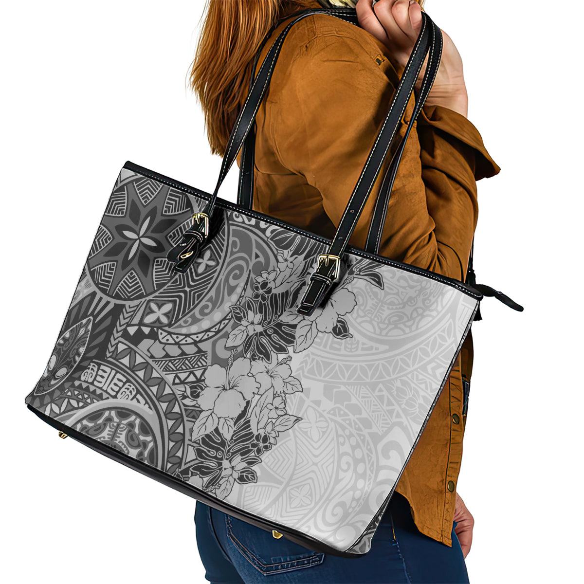 Polynesia Leather Tote Bag Hibiscus and Hawaiian Tribal Tattoo Retro Style Gray Color - Wonder Print Shop