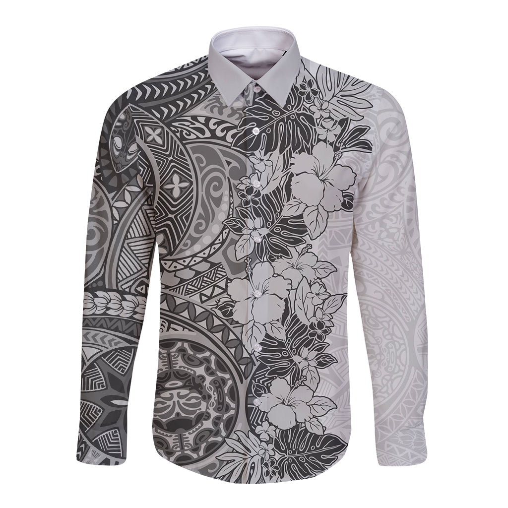 Polynesia Long Sleeve Button Shirt Hibiscus and Hawaiian Tribal Tattoo Retro Style Gray Color - Wonder Print Shop