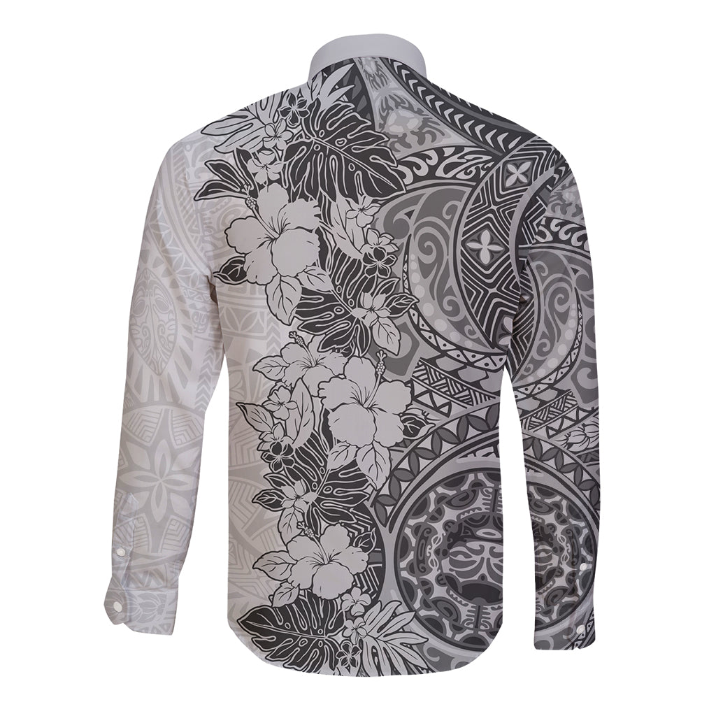 Polynesia Long Sleeve Button Shirt Hibiscus and Hawaiian Tribal Tattoo Retro Style Gray Color - Wonder Print Shop