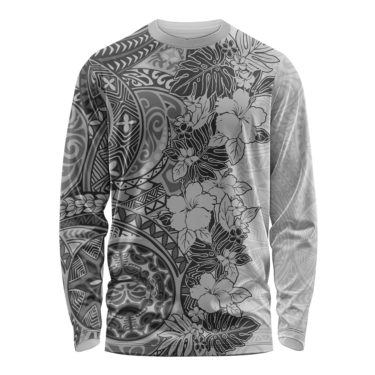 Polynesia Long Sleeve Shirt Hibiscus and Hawaiian Tribal Tattoo Retro Style Gray Color - Wonder Print Shop