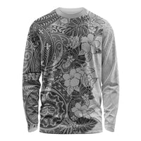 Polynesia Long Sleeve Shirt Hibiscus and Hawaiian Tribal Tattoo Retro Style Gray Color - Wonder Print Shop