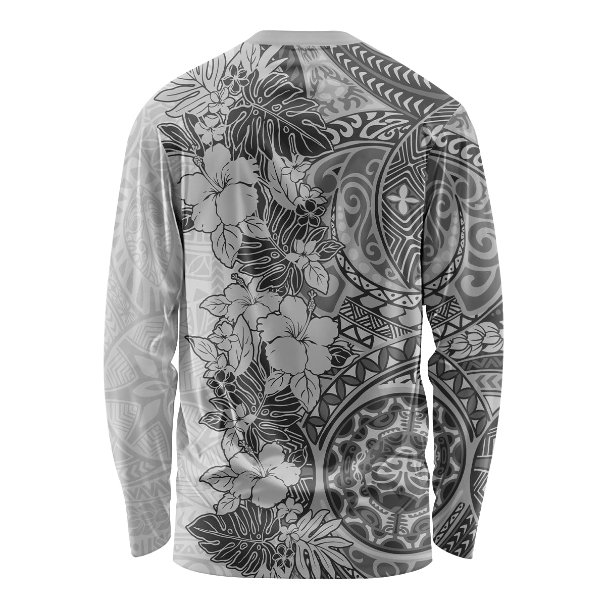 Polynesia Long Sleeve Shirt Hibiscus and Hawaiian Tribal Tattoo Retro Style Gray Color - Wonder Print Shop