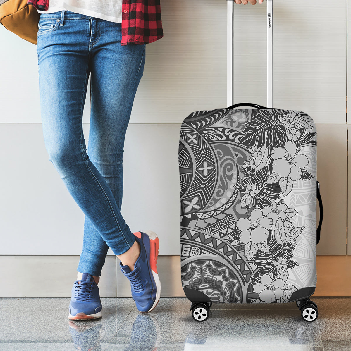 Polynesia Luggage Cover Hibiscus and Hawaiian Tribal Tattoo Retro Style Gray Color - Wonder Print Shop