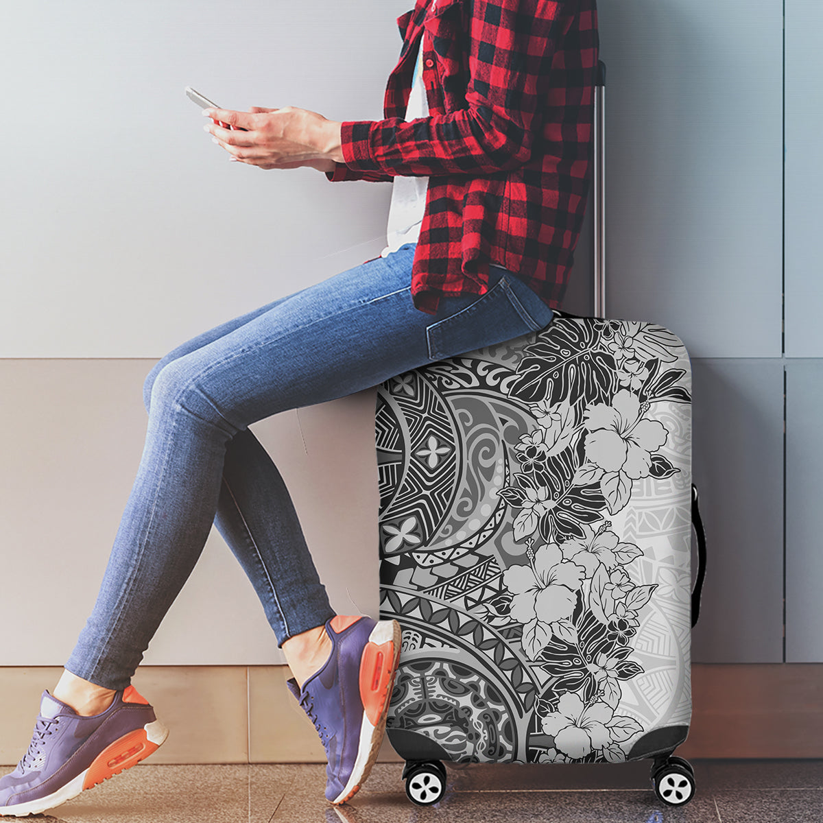 Polynesia Luggage Cover Hibiscus and Hawaiian Tribal Tattoo Retro Style Gray Color - Wonder Print Shop
