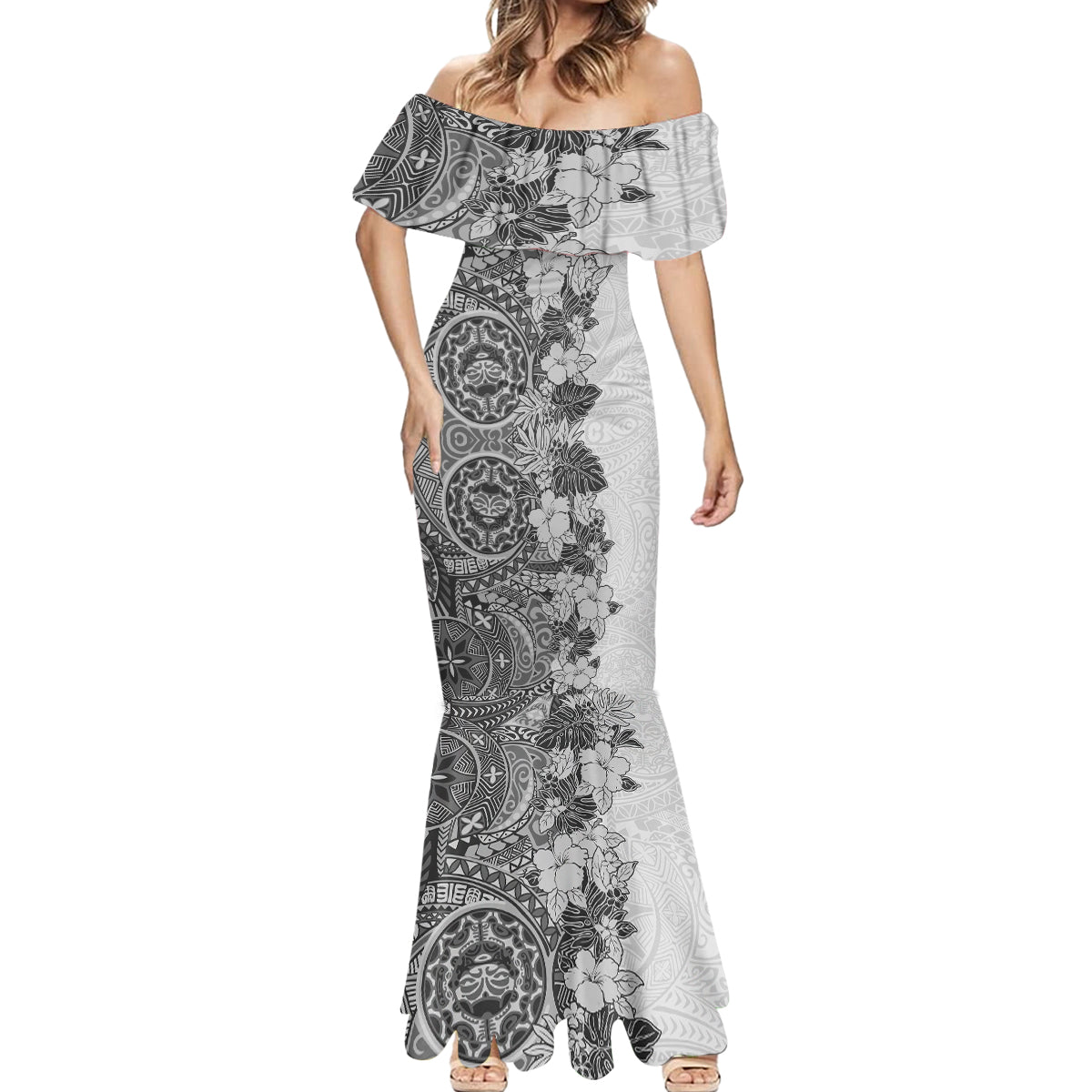 Polynesia Mermaid Dress Hibiscus and Hawaiian Tribal Tattoo Retro Style Gray Color - Wonder Print Shop