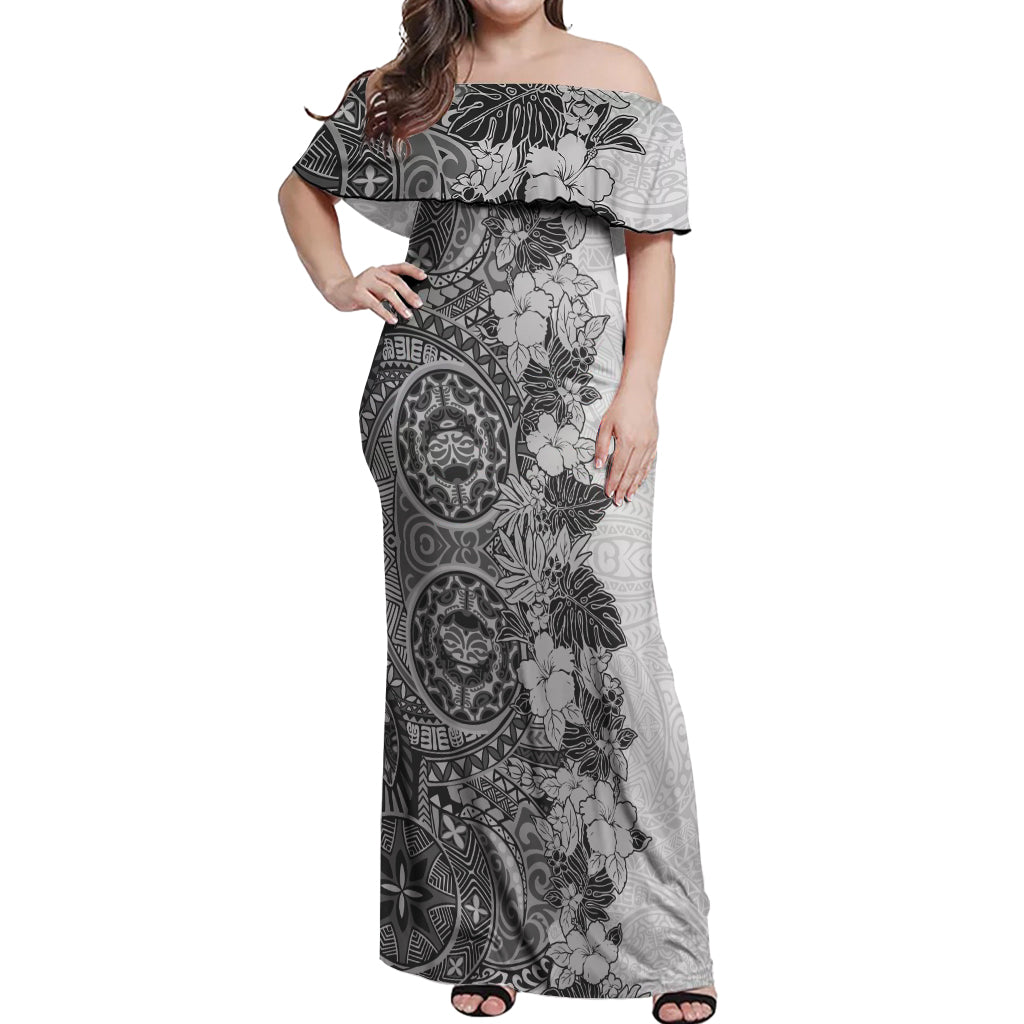 Polynesia Off Shoulder Maxi Dress Hibiscus and Hawaiian Tribal Tattoo Retro Style Gray Color - Wonder Print Shop
