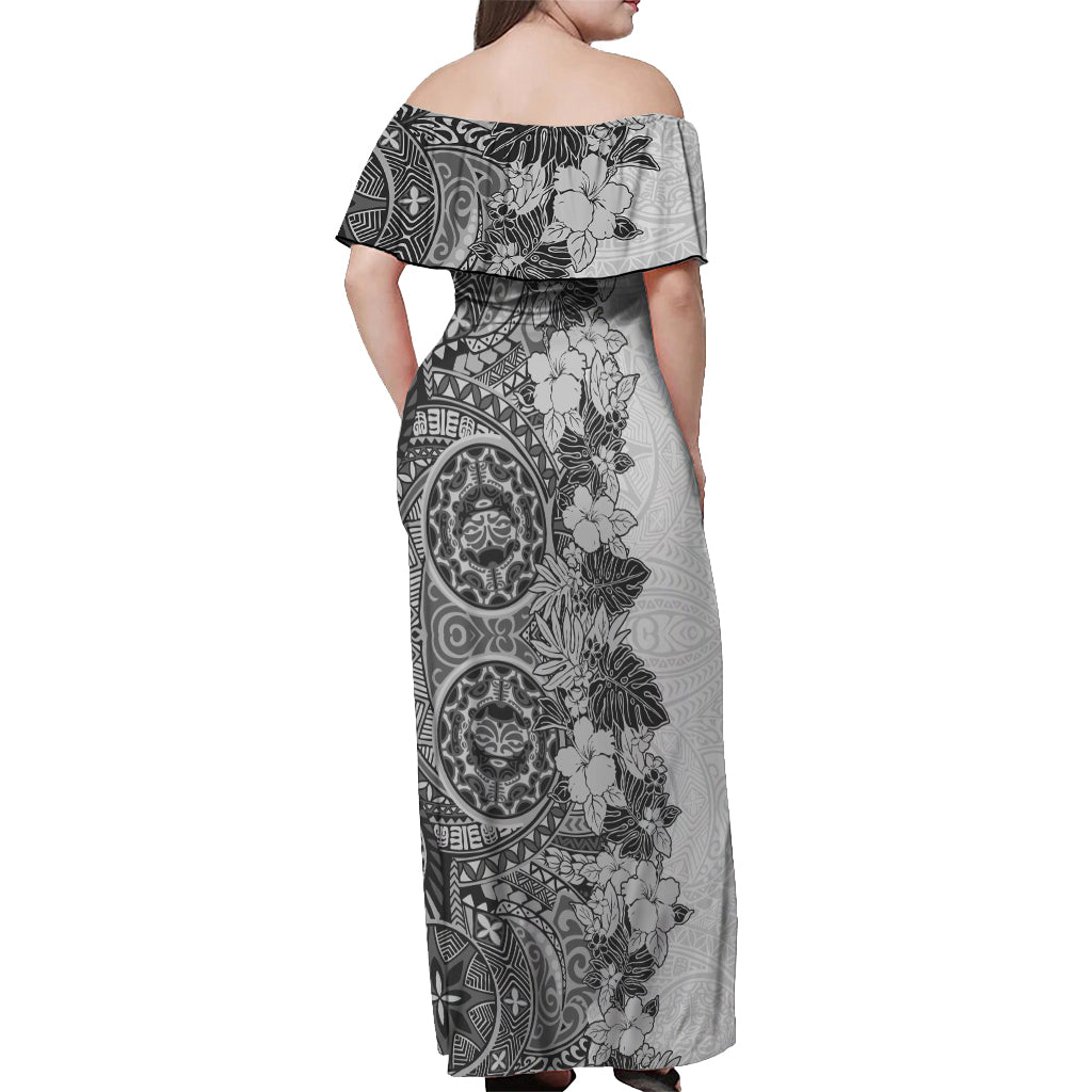 Polynesia Off Shoulder Maxi Dress Hibiscus and Hawaiian Tribal Tattoo Retro Style Gray Color - Wonder Print Shop