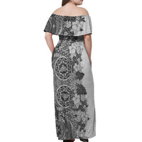 Polynesia Off Shoulder Maxi Dress Hibiscus and Hawaiian Tribal Tattoo Retro Style Gray Color - Wonder Print Shop
