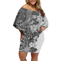 Polynesia Off Shoulder Short Dress Hibiscus and Hawaiian Tribal Tattoo Retro Style Gray Color - Wonder Print Shop