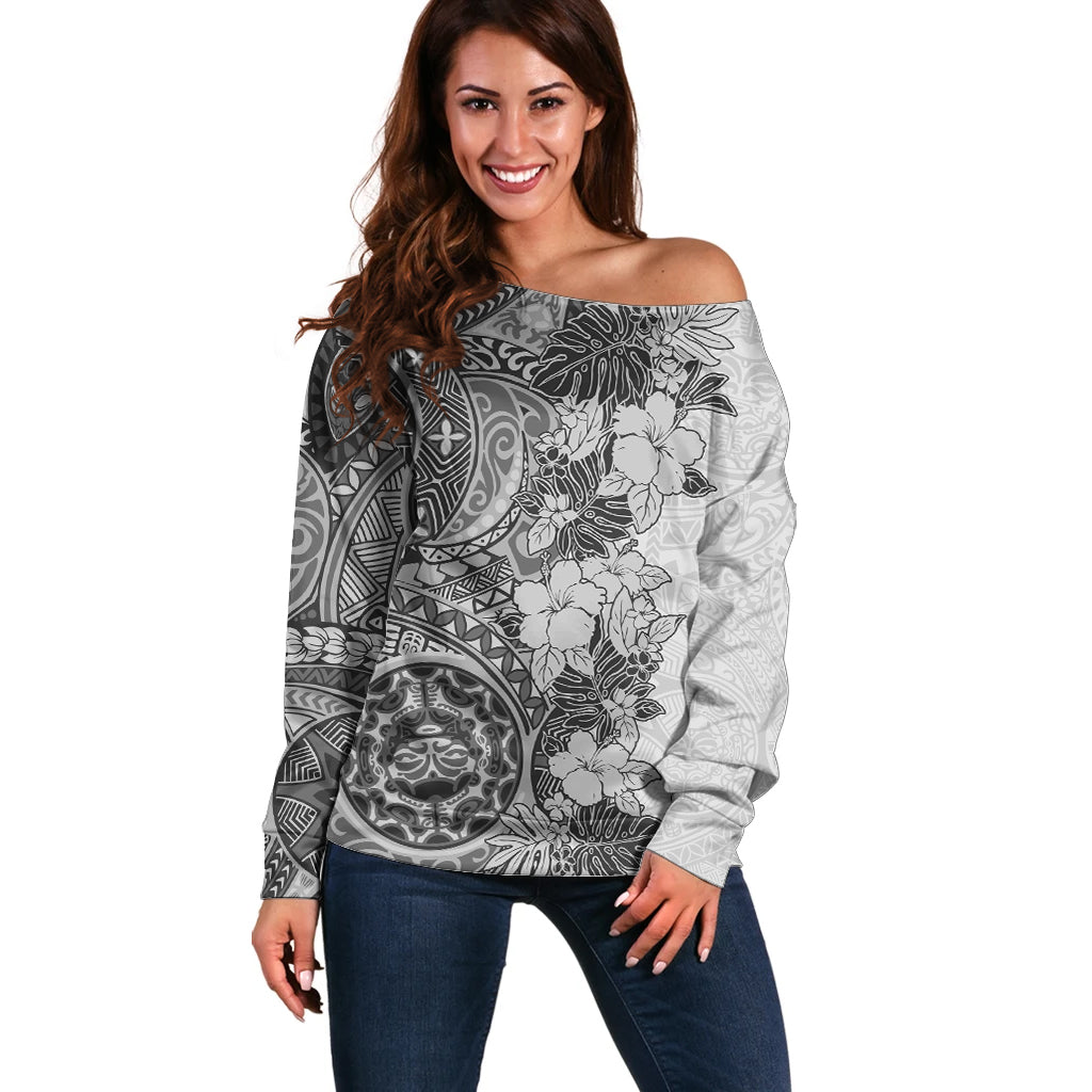 Polynesia Off Shoulder Sweater Hibiscus and Hawaiian Tribal Tattoo Retro Style Gray Color - Wonder Print Shop