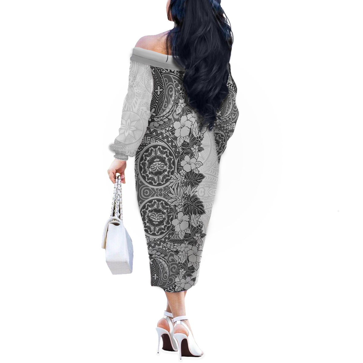 Polynesia Off The Shoulder Long Sleeve Dress Hibiscus and Hawaiian Tribal Tattoo Retro Style Gray Color - Wonder Print Shop