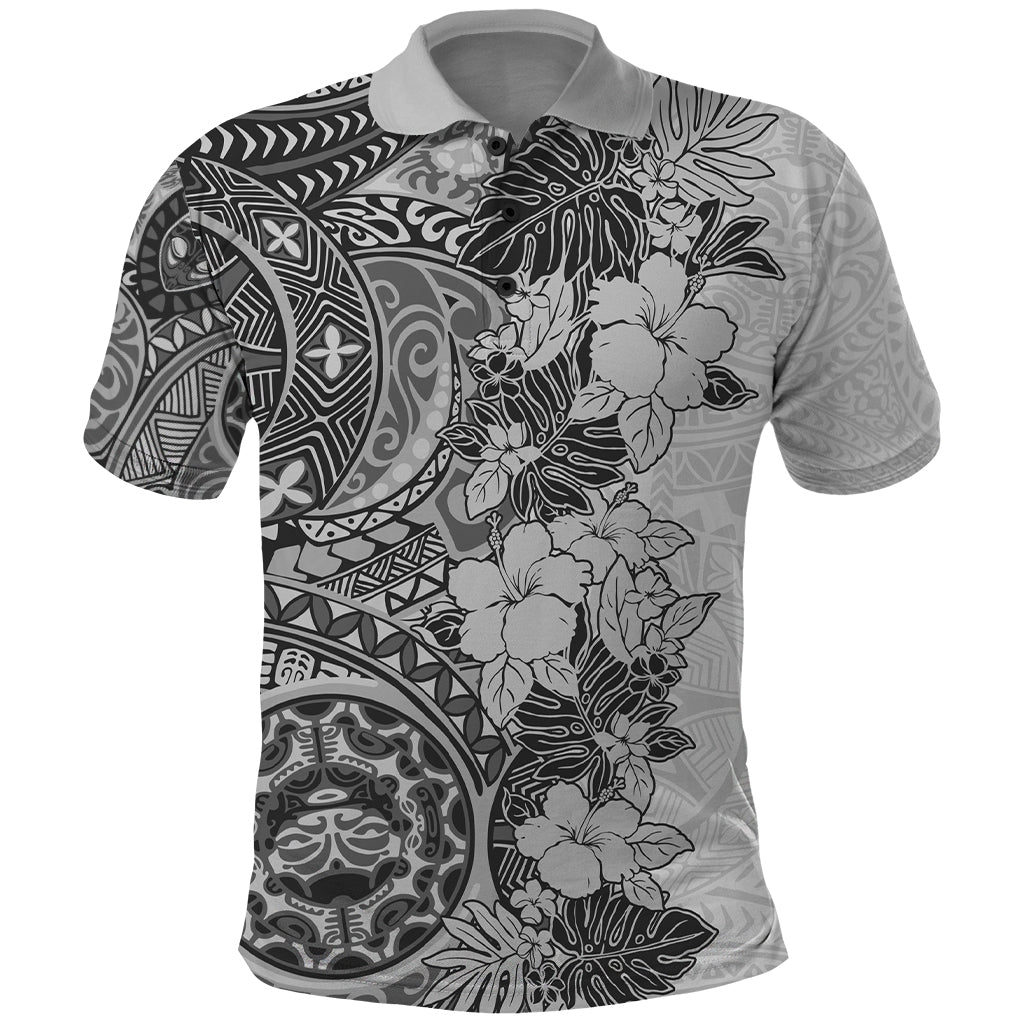 Polynesia Polo Shirt Hibiscus and Hawaiian Tribal Tattoo Retro Style Gray Color - Wonder Print Shop