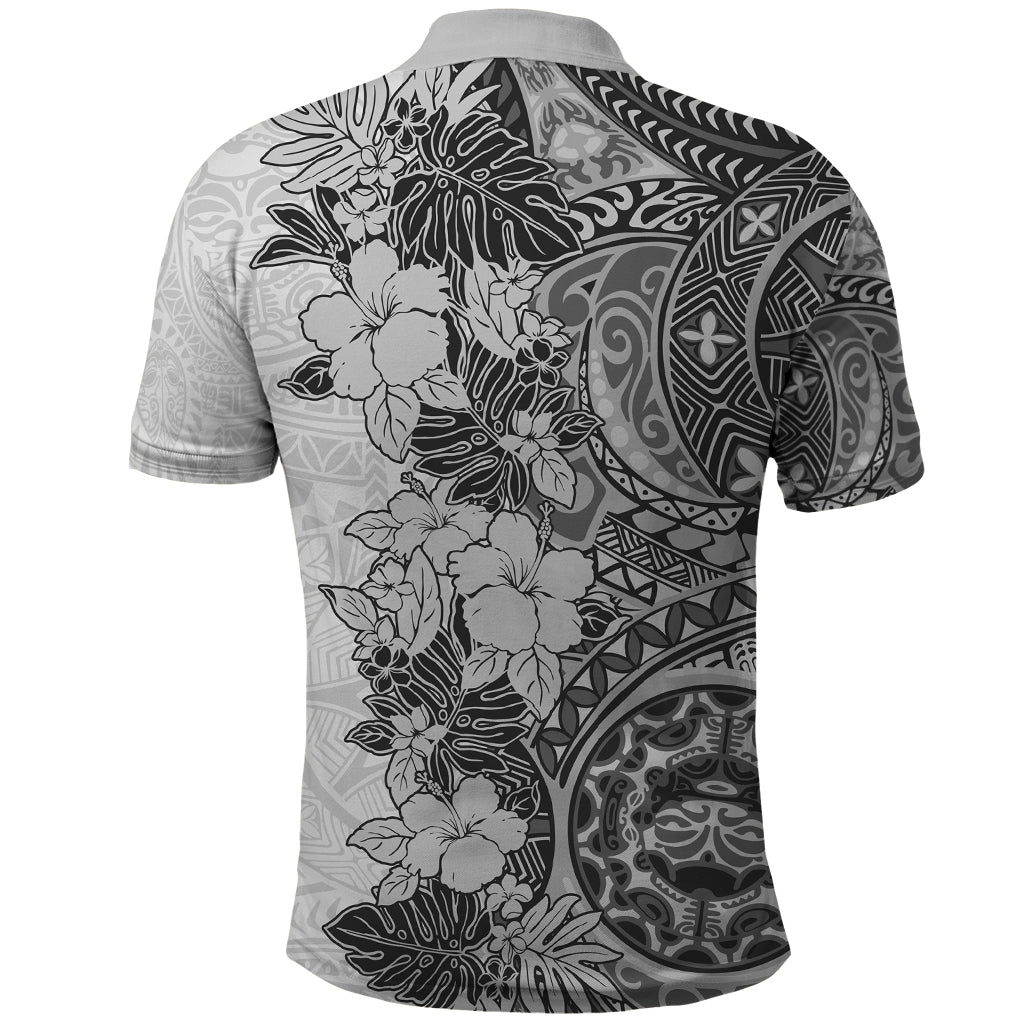 Polynesia Polo Shirt Hibiscus and Hawaiian Tribal Tattoo Retro Style Gray Color - Wonder Print Shop