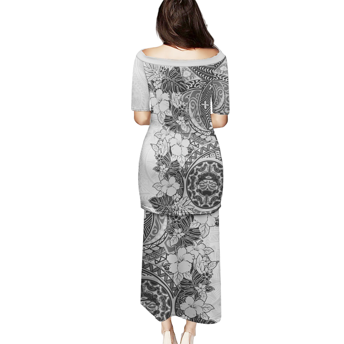 Polynesia Puletasi Hibiscus and Hawaiian Tribal Tattoo Retro Style Gray Color - Wonder Print Shop