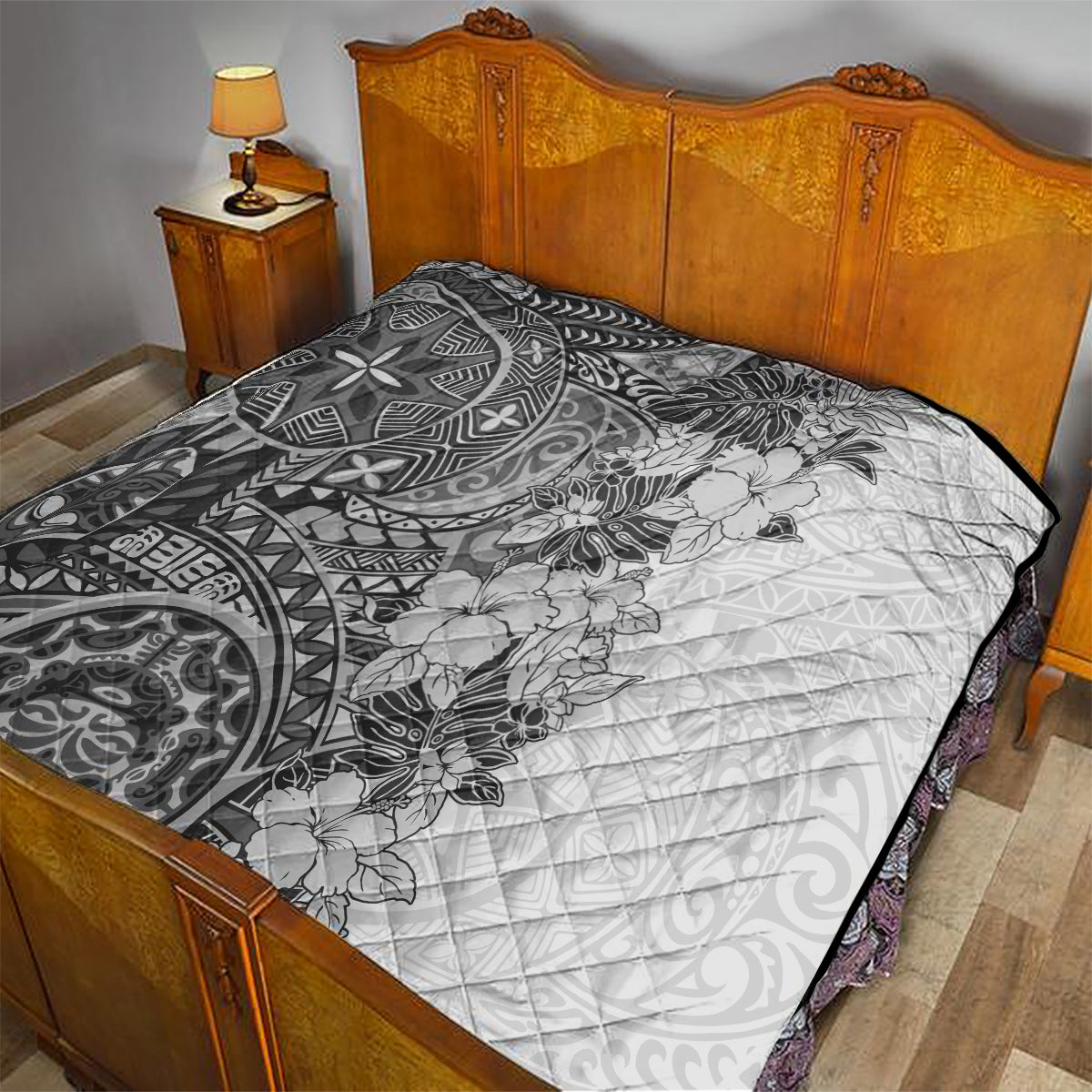 Polynesia Quilt Hibiscus and Hawaiian Tribal Tattoo Retro Style Gray Color - Wonder Print Shop