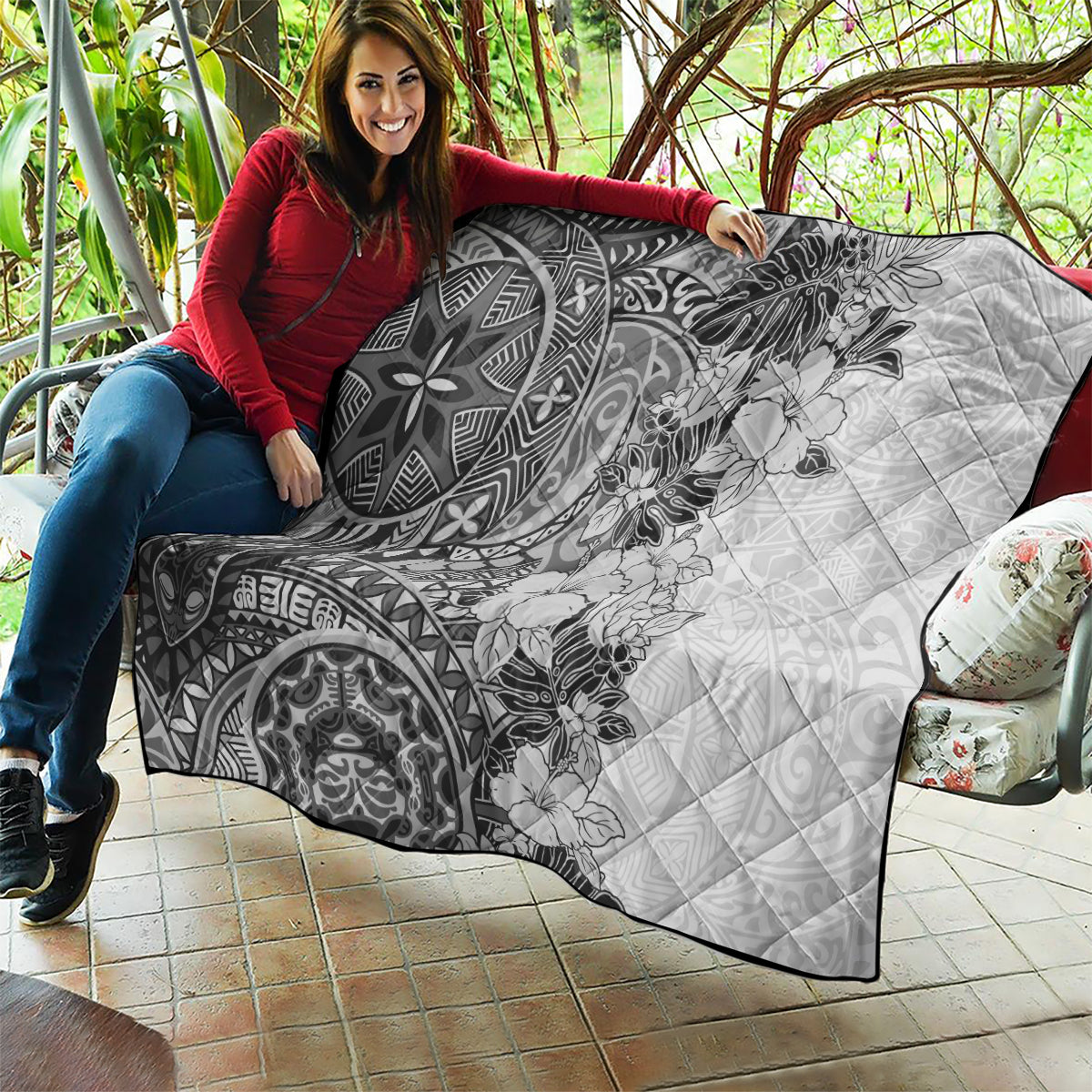 Polynesia Quilt Hibiscus and Hawaiian Tribal Tattoo Retro Style Gray Color - Wonder Print Shop