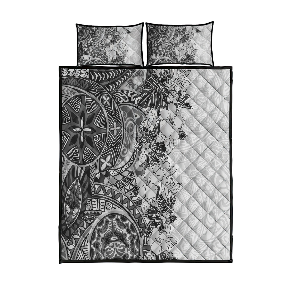 Polynesia Quilt Bed Set Hibiscus and Hawaiian Tribal Tattoo Retro Style Gray Color - Wonder Print Shop