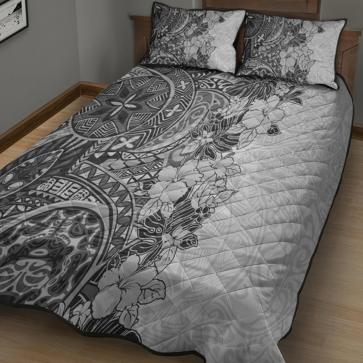 Polynesia Quilt Bed Set Hibiscus and Hawaiian Tribal Tattoo Retro Style Gray Color - Wonder Print Shop