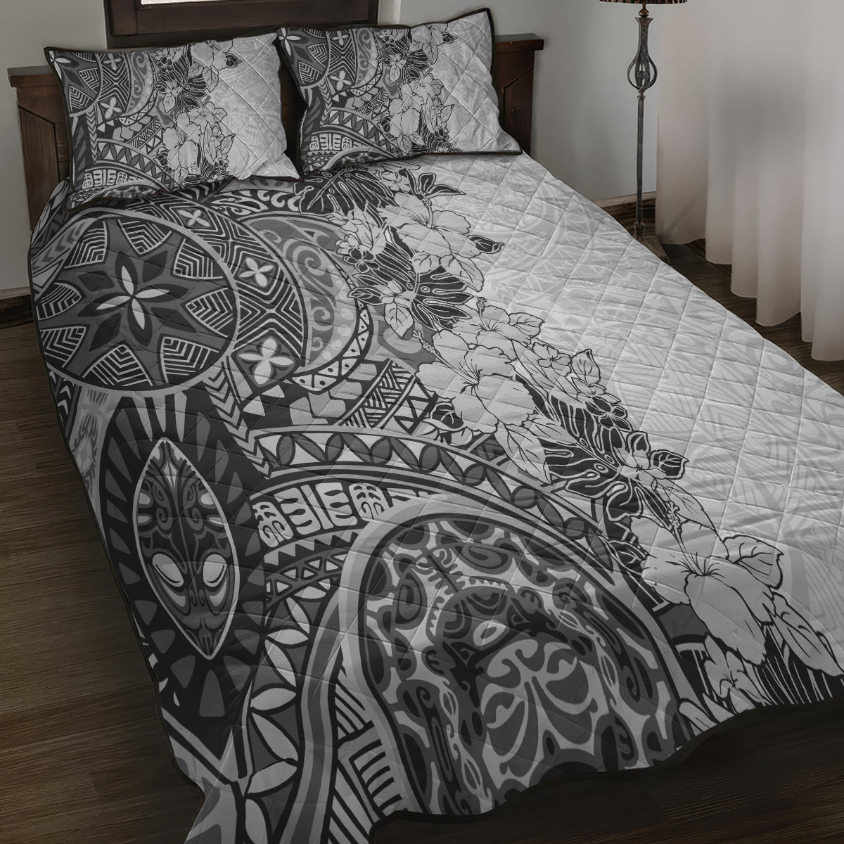 Polynesia Quilt Bed Set Hibiscus and Hawaiian Tribal Tattoo Retro Style Gray Color - Wonder Print Shop