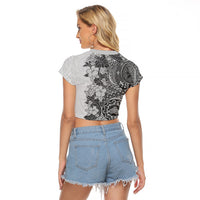 Polynesia Raglan Cropped T Shirt Hibiscus and Hawaiian Tribal Tattoo Retro Style Gray Color - Wonder Print Shop