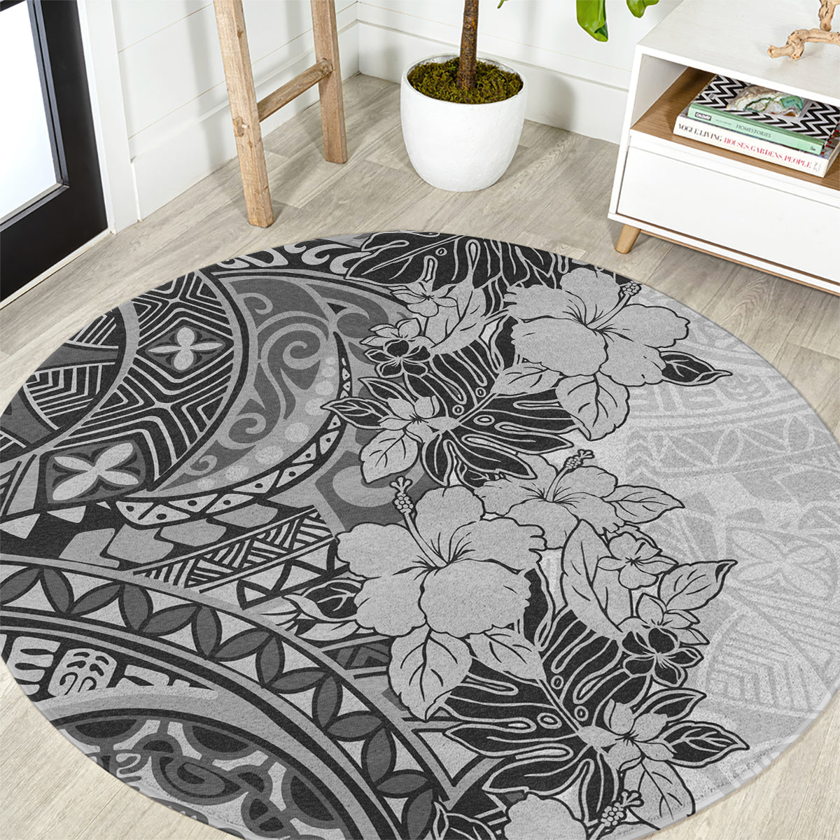polynesia-round-carpet-hibiscus-and-hawaiian-tribal-tattoo-retro-style-gray-color