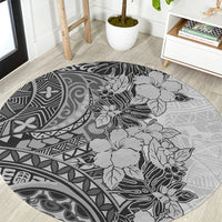 polynesia-round-carpet-hibiscus-and-hawaiian-tribal-tattoo-retro-style-gray-color