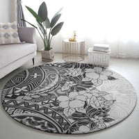 polynesia-round-carpet-hibiscus-and-hawaiian-tribal-tattoo-retro-style-gray-color