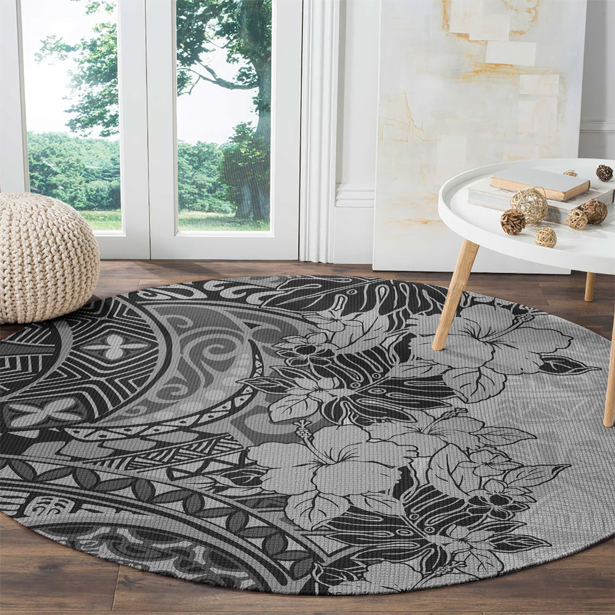 polynesia-round-carpet-hibiscus-and-hawaiian-tribal-tattoo-retro-style-gray-color