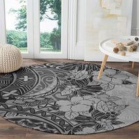 polynesia-round-carpet-hibiscus-and-hawaiian-tribal-tattoo-retro-style-gray-color