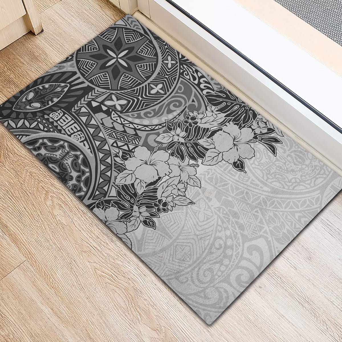 Polynesia Rubber Doormat Hibiscus and Hawaiian Tribal Tattoo Retro Style Gray Color - Wonder Print Shop