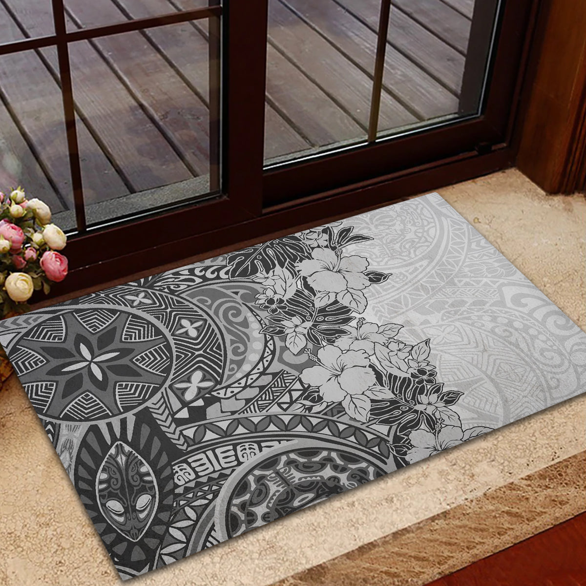 Polynesia Rubber Doormat Hibiscus and Hawaiian Tribal Tattoo Retro Style Gray Color - Wonder Print Shop