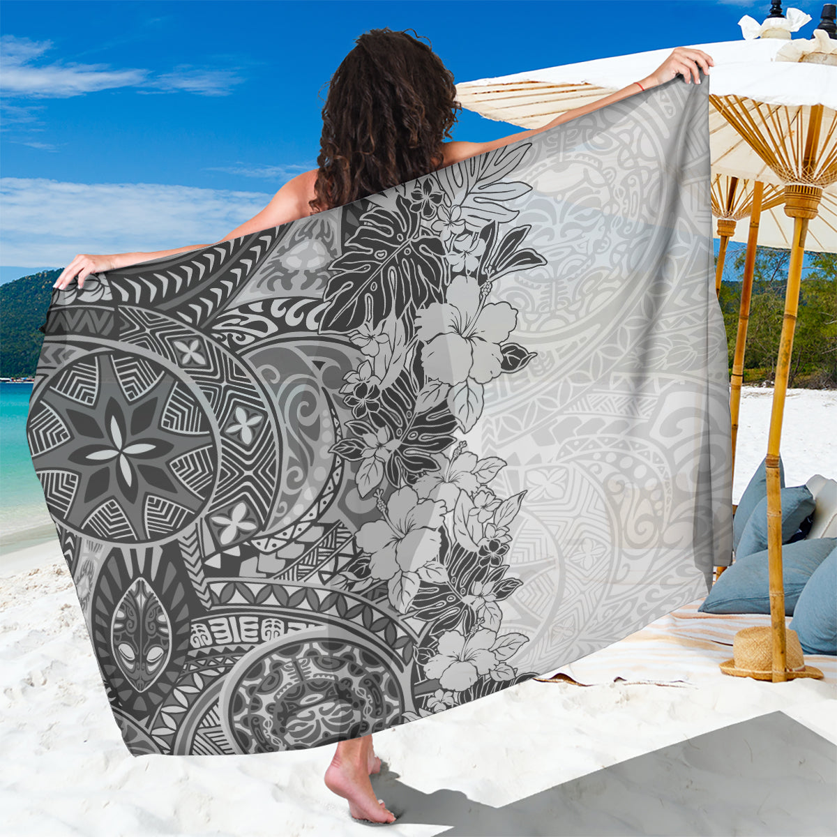 Polynesia Sarong Hibiscus and Hawaiian Tribal Tattoo Retro Style Gray Color - Wonder Print Shop