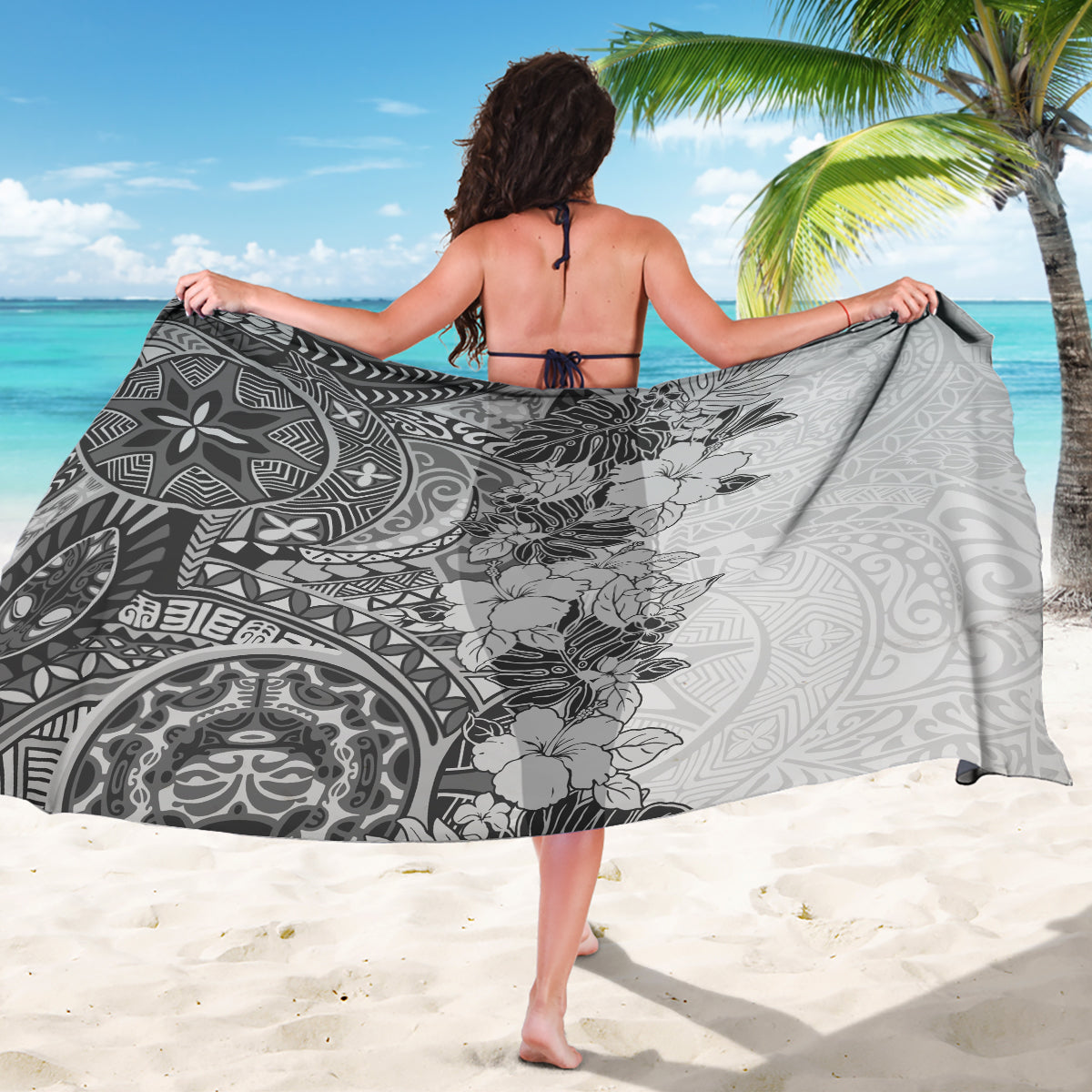 Polynesia Sarong Hibiscus and Hawaiian Tribal Tattoo Retro Style Gray Color - Wonder Print Shop