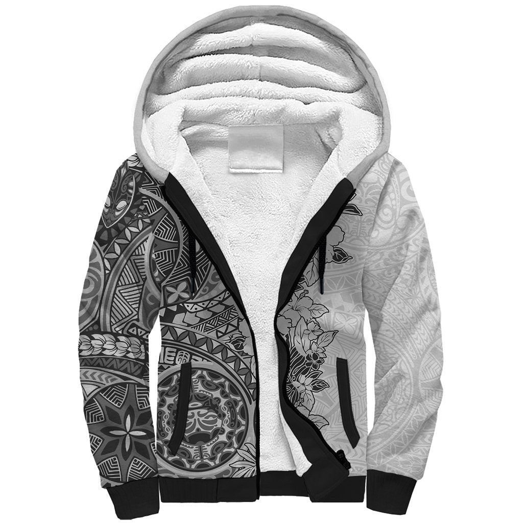 Polynesia Sherpa Hoodie Hibiscus and Hawaiian Tribal Tattoo Retro Style Gray Color - Wonder Print Shop