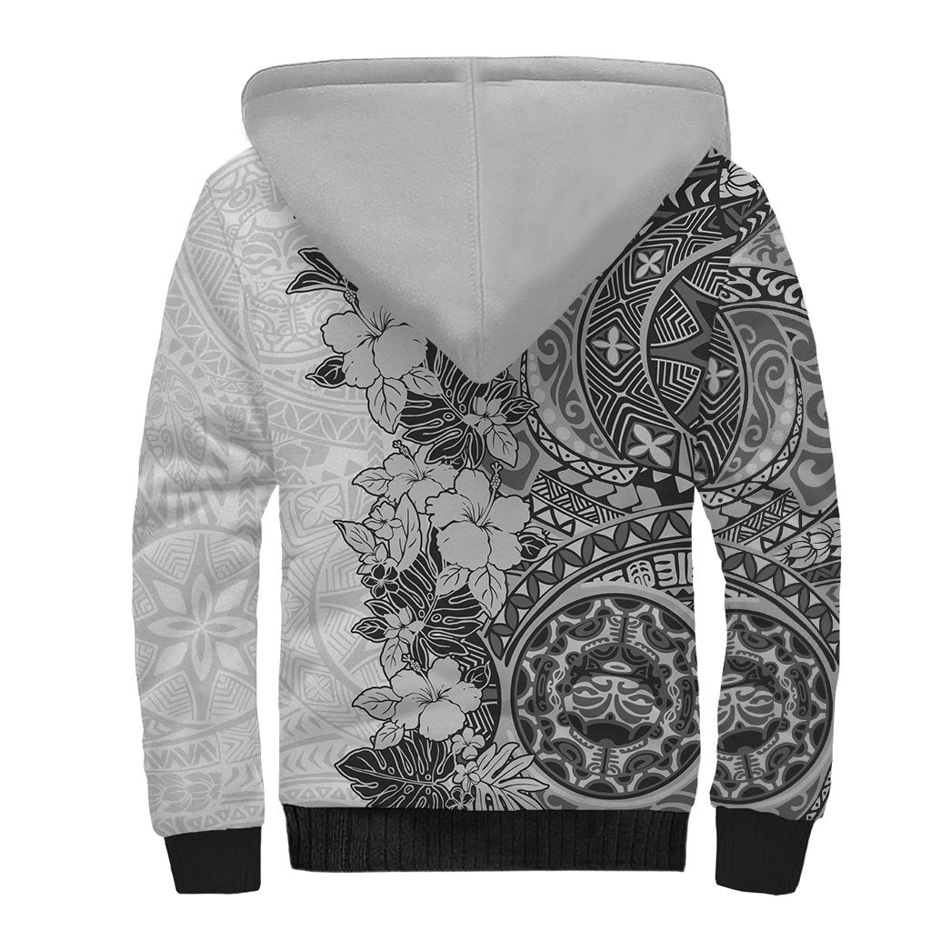 Polynesia Sherpa Hoodie Hibiscus and Hawaiian Tribal Tattoo Retro Style Gray Color - Wonder Print Shop