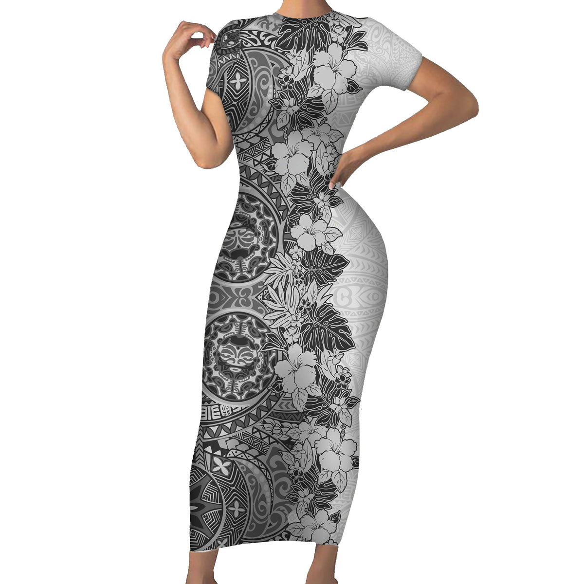 Polynesia Short Sleeve Bodycon Dress Hibiscus and Hawaiian Tribal Tattoo Retro Style Gray Color - Wonder Print Shop