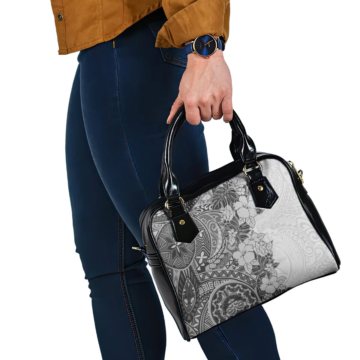 polynesia-shoulder-handbag-hibiscus-and-hawaiian-tribal-tattoo-retro-style-gray-color