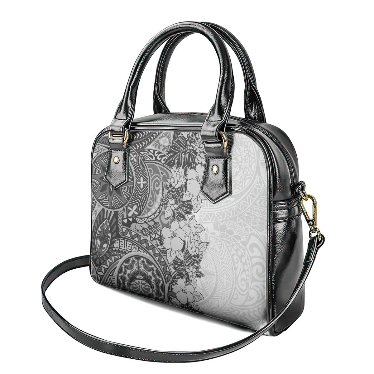 polynesia-shoulder-handbag-hibiscus-and-hawaiian-tribal-tattoo-retro-style-gray-color