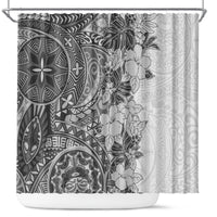 polynesia-shower-curtain-hibiscus-and-hawaiian-tribal-tattoo-retro-style-gray-color