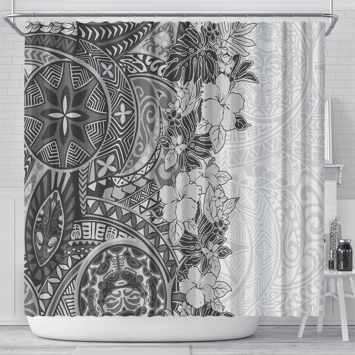 polynesia-shower-curtain-hibiscus-and-hawaiian-tribal-tattoo-retro-style-gray-color