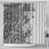 polynesia-shower-curtain-hibiscus-and-hawaiian-tribal-tattoo-retro-style-gray-color