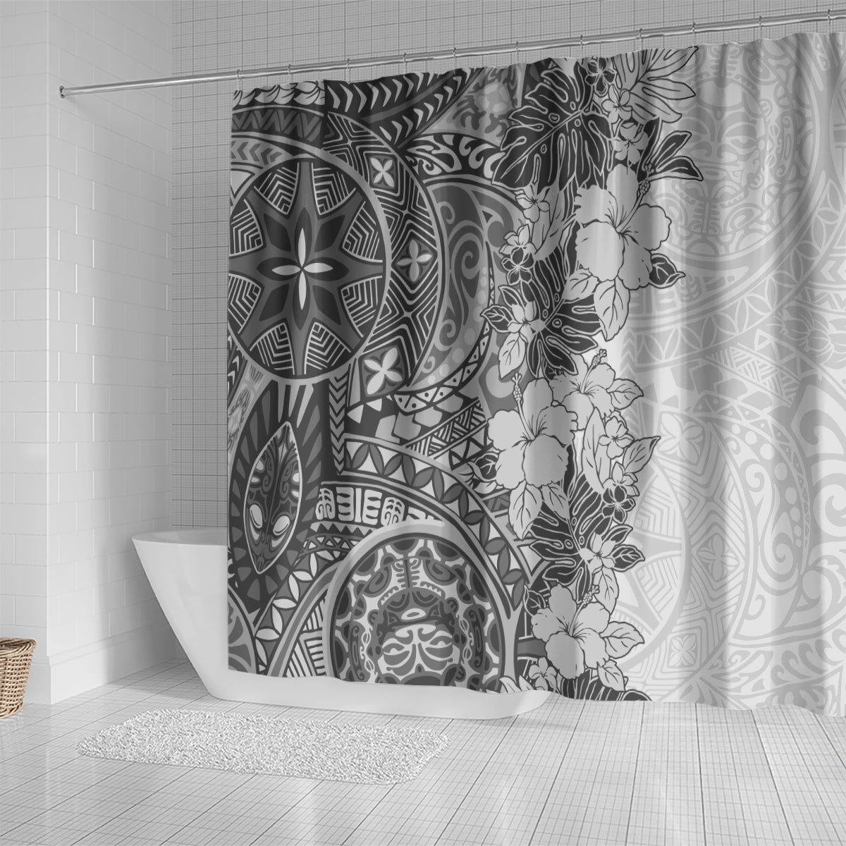 polynesia-shower-curtain-hibiscus-and-hawaiian-tribal-tattoo-retro-style-gray-color