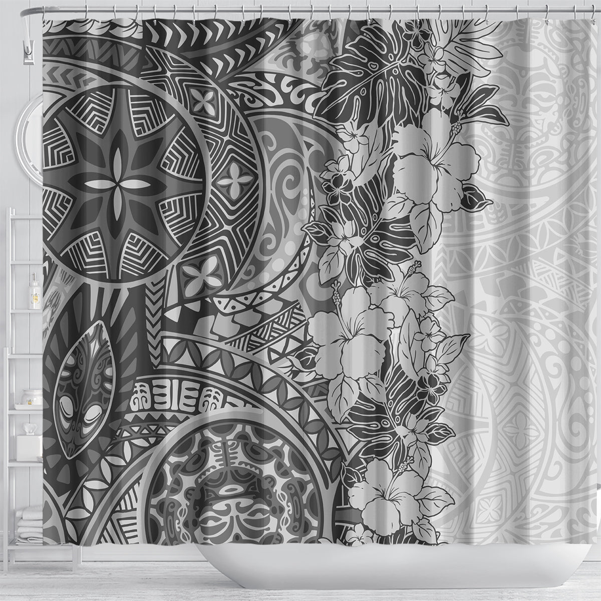 polynesia-shower-curtain-hibiscus-and-hawaiian-tribal-tattoo-retro-style-gray-color