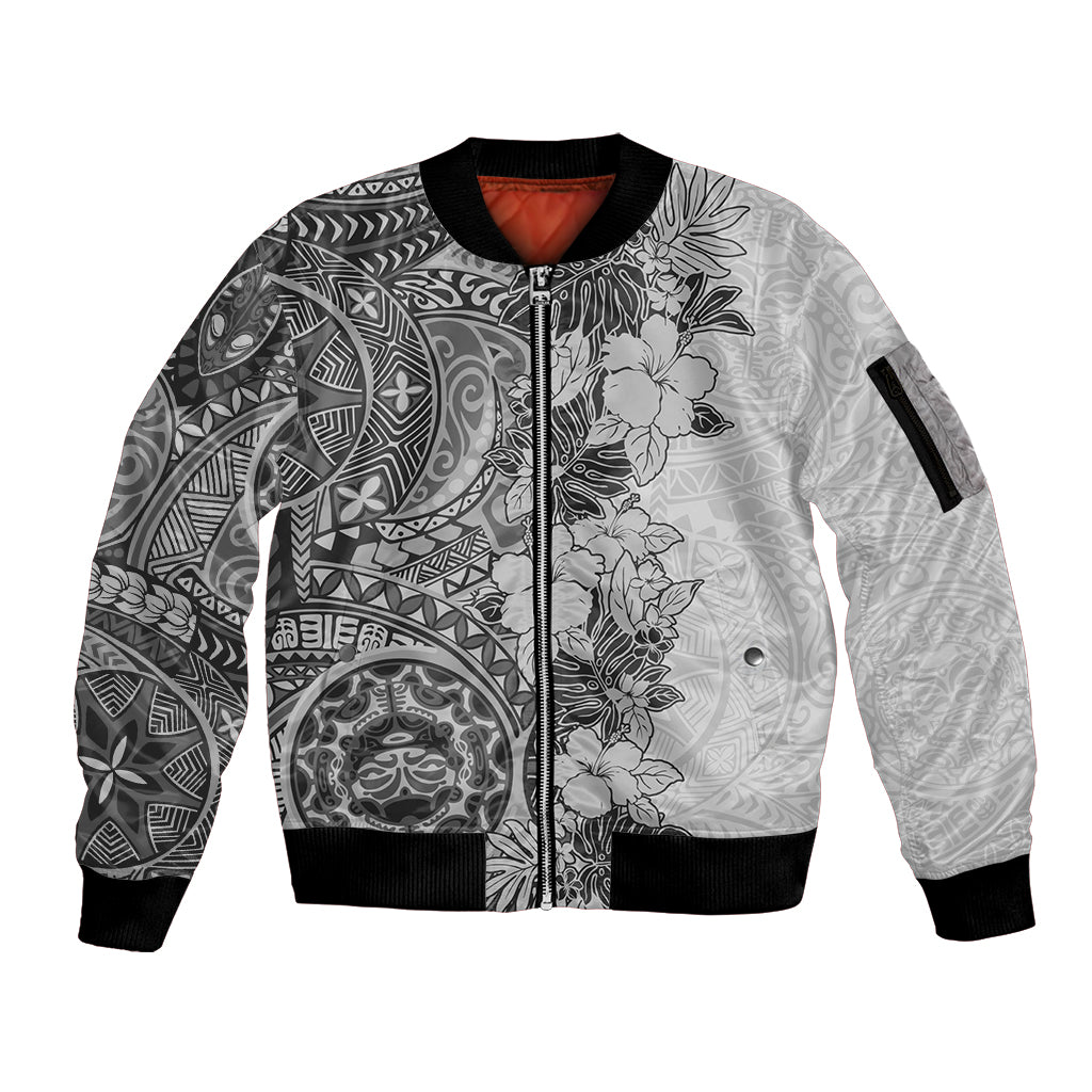 Polynesia Sleeve Zip Bomber Jacket Hibiscus and Hawaiian Tribal Tattoo Retro Style Gray Color - Wonder Print Shop