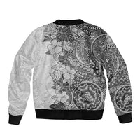 Polynesia Sleeve Zip Bomber Jacket Hibiscus and Hawaiian Tribal Tattoo Retro Style Gray Color - Wonder Print Shop