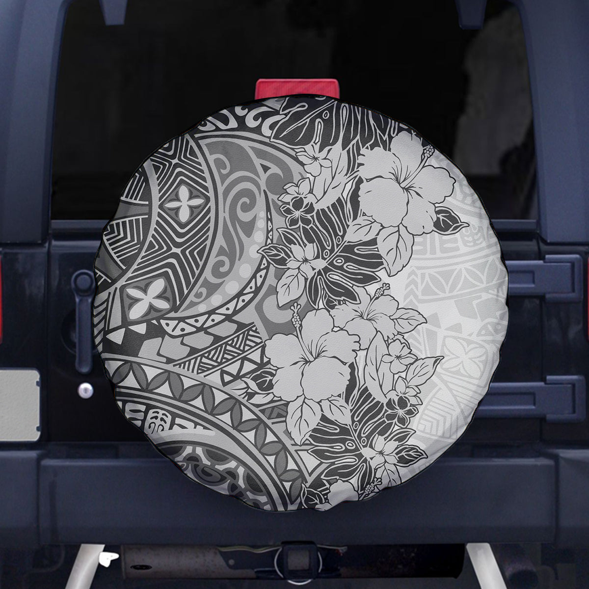 Polynesia Spare Tire Cover Hibiscus and Hawaiian Tribal Tattoo Retro Style Gray Color - Wonder Print Shop