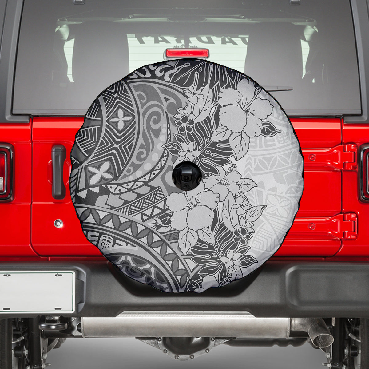 Polynesia Spare Tire Cover Hibiscus and Hawaiian Tribal Tattoo Retro Style Gray Color - Wonder Print Shop
